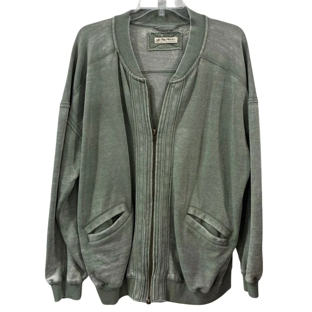 Free People Robby Bomber Jacket Washed Army Green Acid Wash Fleece Small